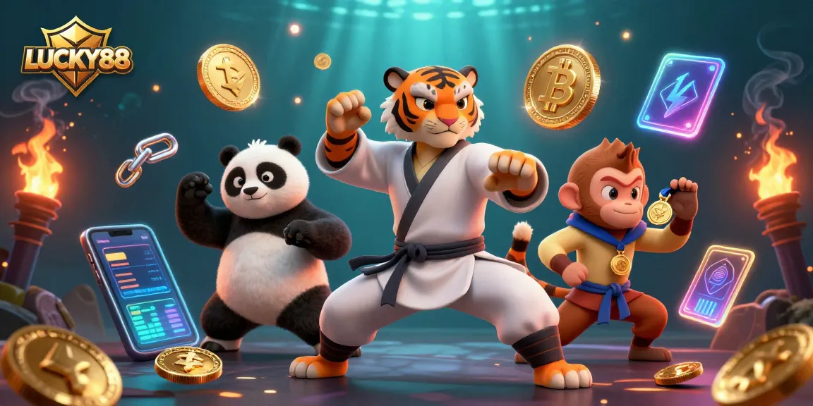 LUCKY88 features a whimsical scene with a kung fu tiger master, a panda disciple, and a mischievous monkey stealing a medal amid dazzling crypto elements.