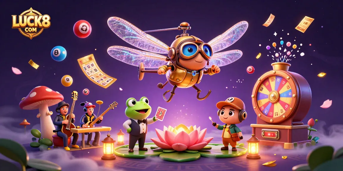 Experience LUCK8 COM's thrilling casino vibe with a unique illustration of a dragonfly pilot and frog croupier.
