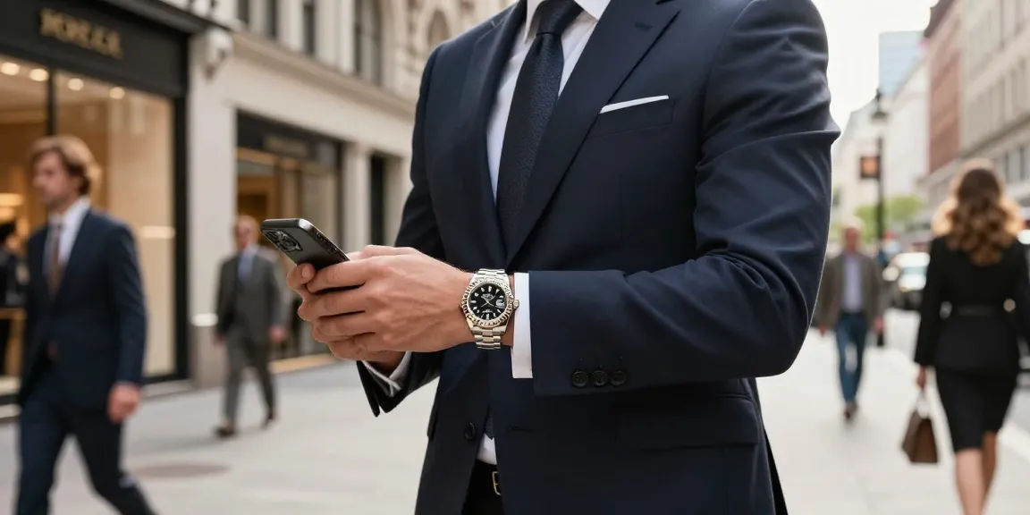 Stylish individual showcasing rolex super clone watches in a bustling urban setting with elegance and sophistication.