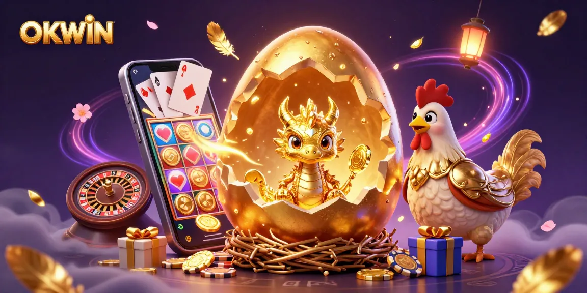 Engage with OKWIN's exciting casino magic featuring a golden baby dragon, poker chips, and vibrant slot games.