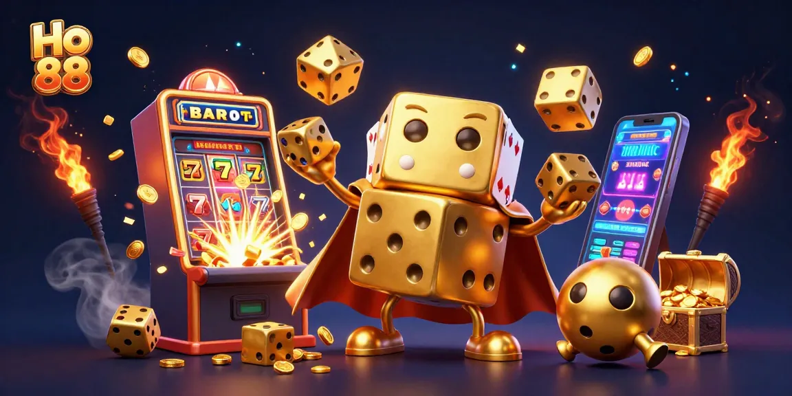 Spin to win at Ho 88 with a dazzling 3D casino scene featuring golden dice and vibrant slot machines.