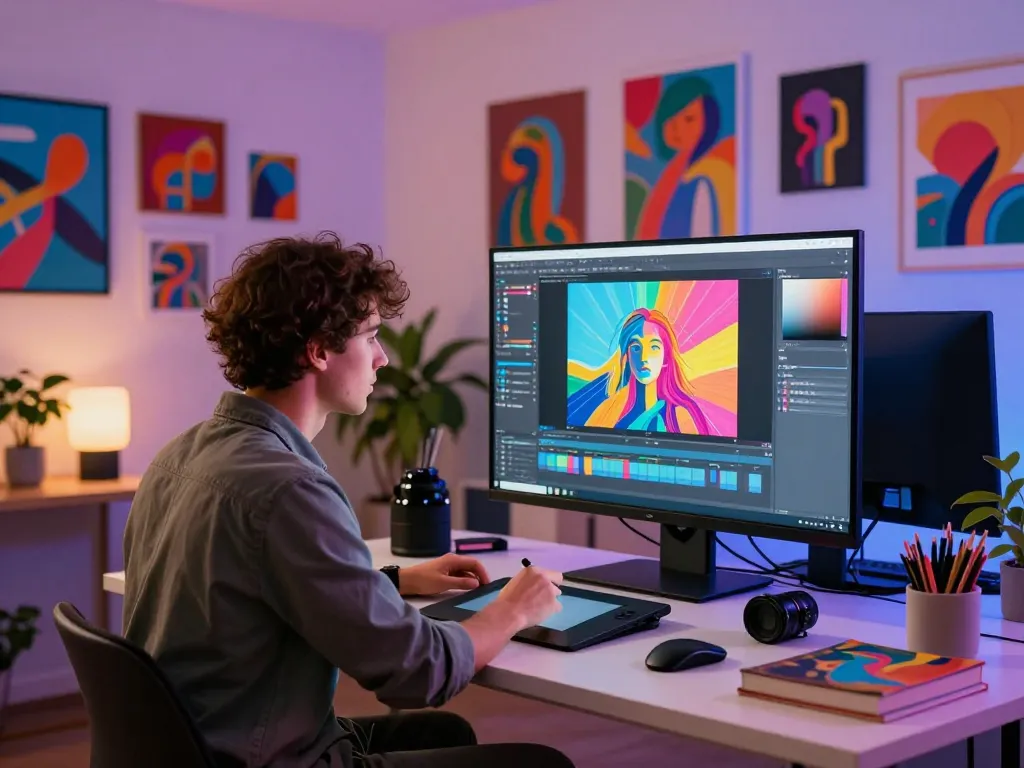 Creator using nano banana pro AI image editor in a dynamic digital art studio