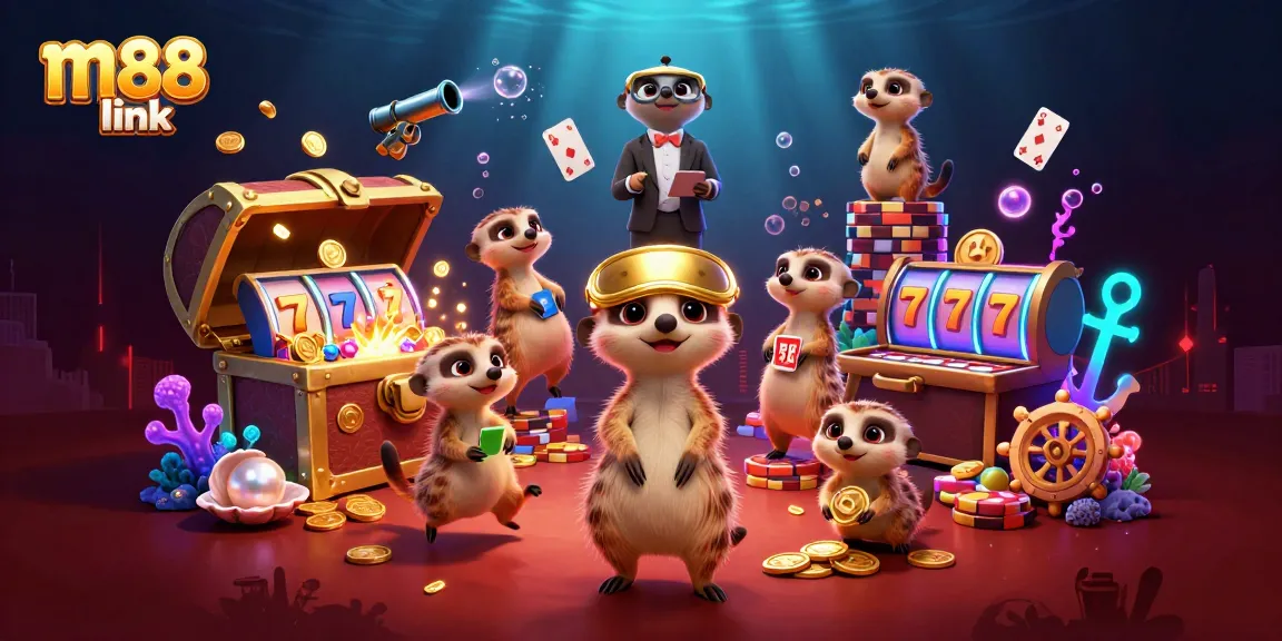 Experience the vibrant m88 link casino world with playful meerkats engaging in thrilling gaming activities.