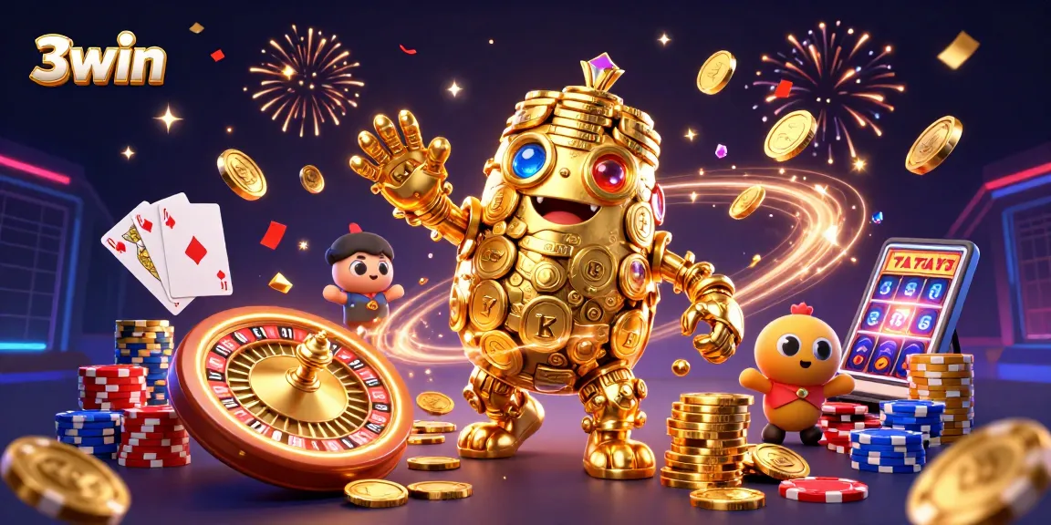 Experience 3win gaming with a vibrant scene of golden golem and casino excitement.