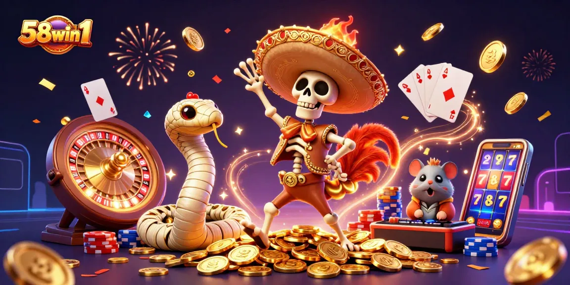 Catch the excitement at 58win1 as vibrant casino characters celebrate a jackpot with glimmering coins.