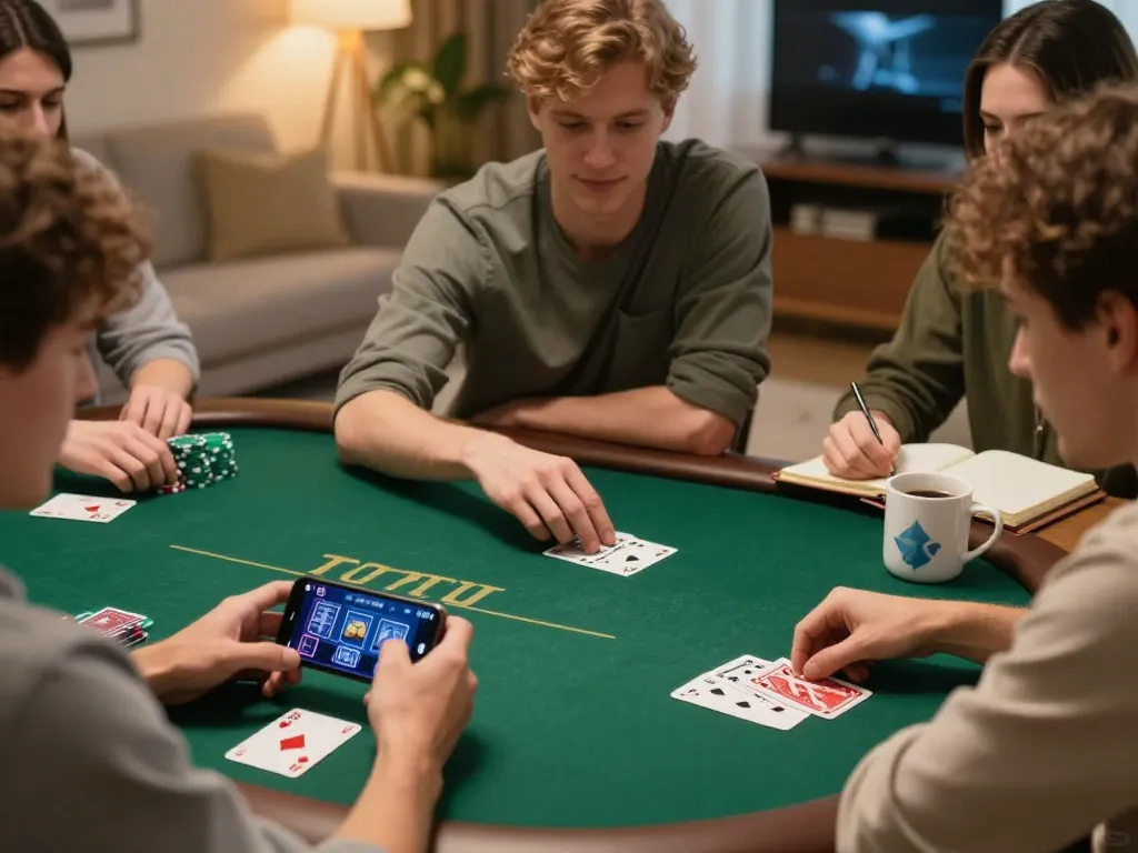 Hitclub players strategizing during an engaging online poker session at home with friends.