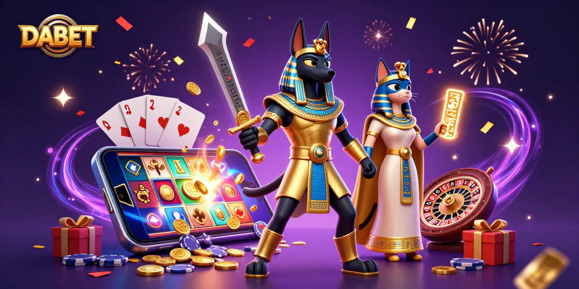 DABET offers thrilling gaming experiences with Anubis and Bastet in a dynamic casino scene featuring slots and celebration.