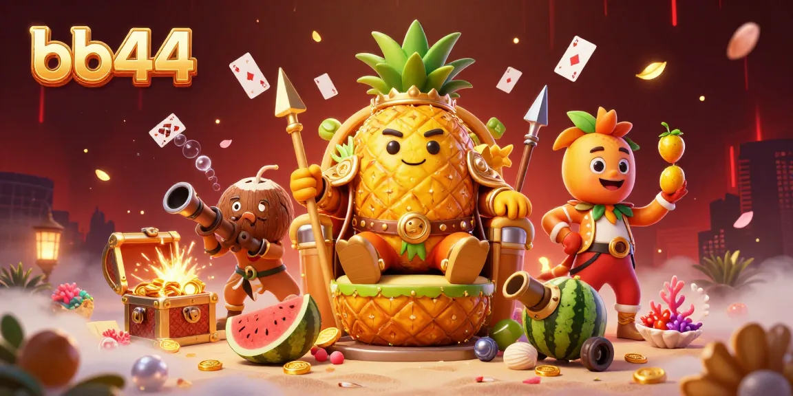 Experience fun and excitement with the vibrant bb44 casino featuring a golden pineapple king and tropical characters.