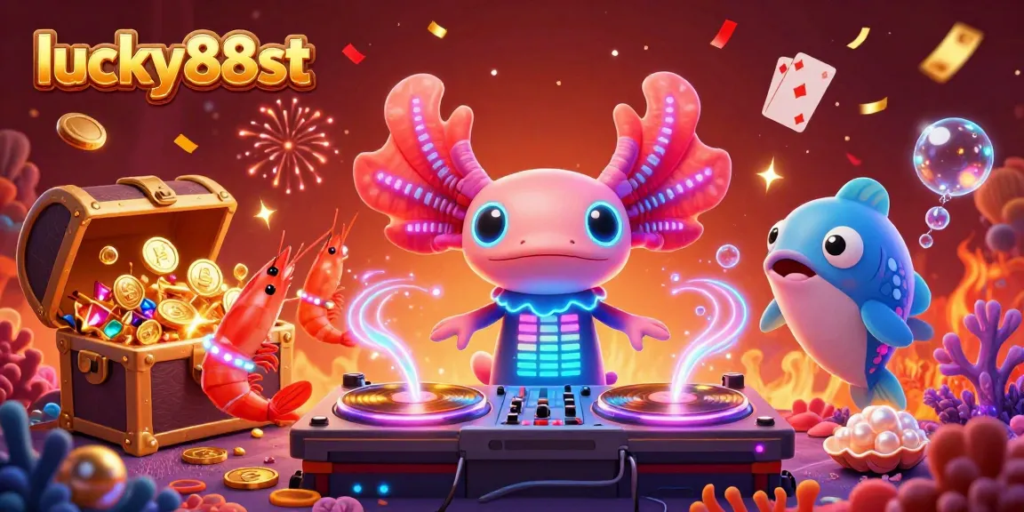 Immerse in the vibrant atmosphere of lucky88st with a lively 3D axolotl DJ and energetic sea creatures.