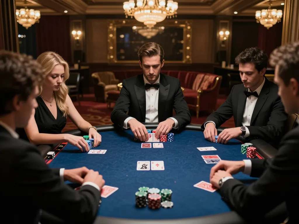 Engaged players strategizing at an lc88 poker table in a luxurious casino atmosphere.