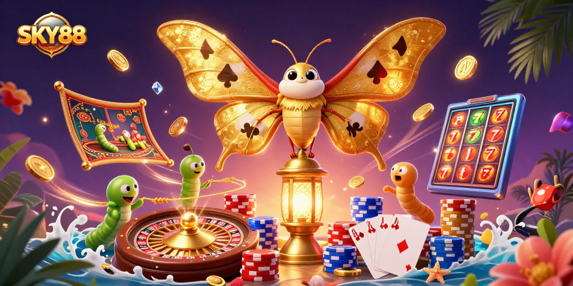 Experience the captivating world of SKY88 with golden coins and vibrant casino scenes.