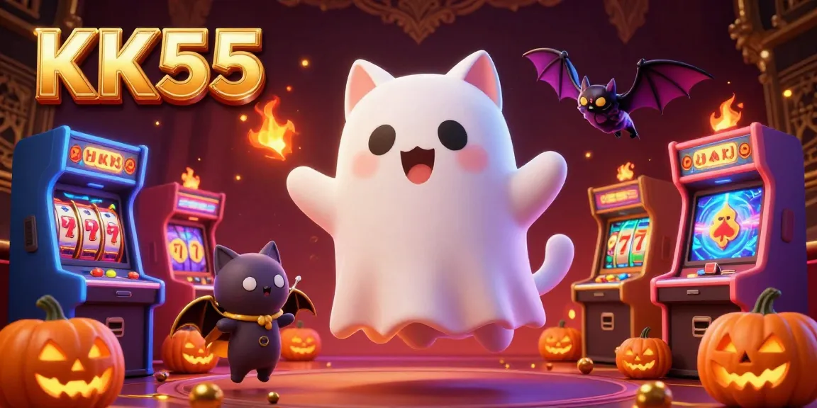 Experience thrilling gaming at KK55 with a ghost cat and vampire bat in a vibrant casino setting.