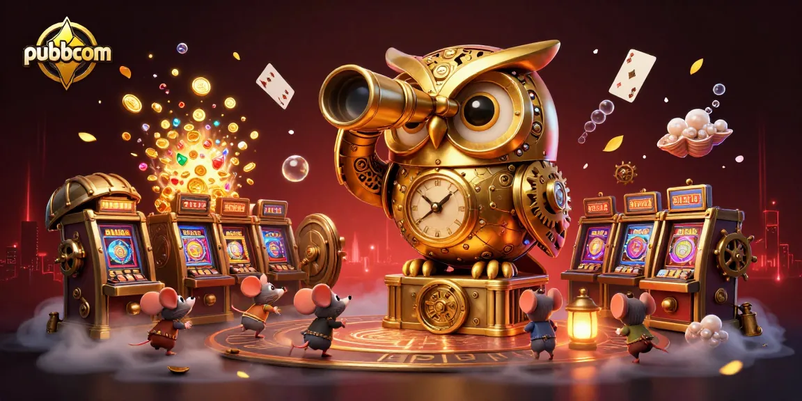 Engage with pubbcom's lively casino floor featuring a golden owl and wind-up mice amidst colorful game elements.
