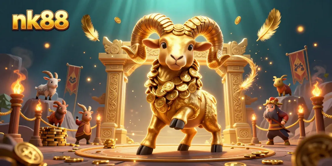 Experience the thrilling action at nk88 with golden ram charging at the casino gate amidst sparkling elements.