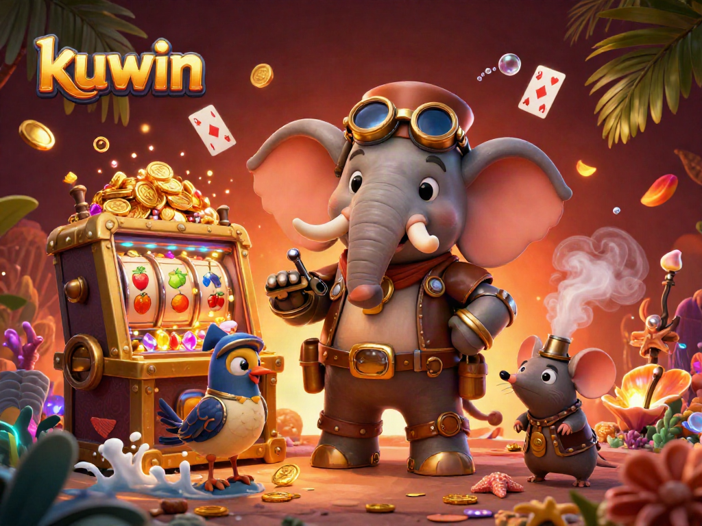 Kuwin illustration with a steampunk elephant and slot machine, depicting dynamic casino action.