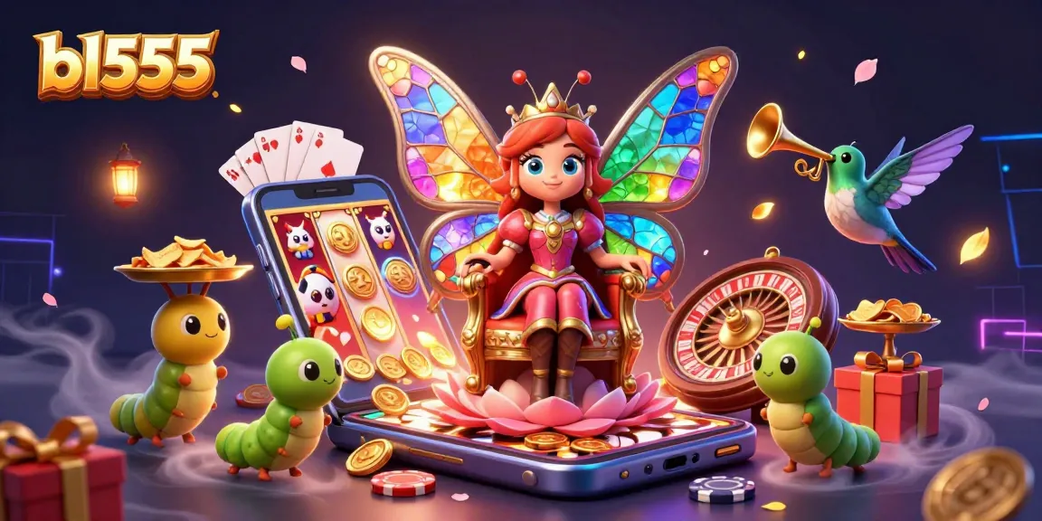 Experience excitement with bl555's vibrant gaming scene featuring casino elements and enchanting characters.