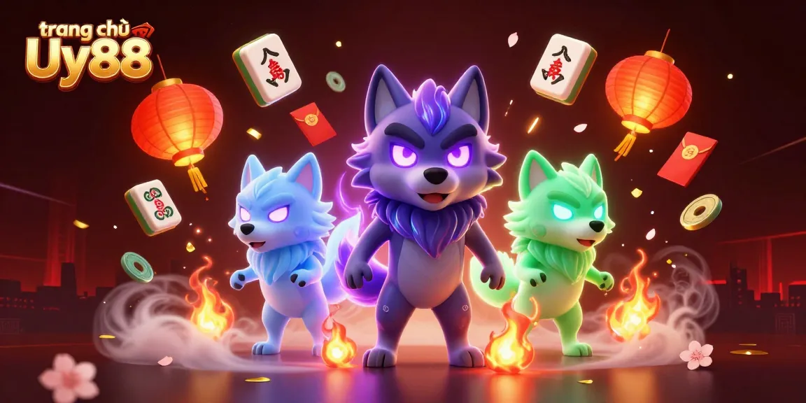Experience the excitement at trang chủ Uy88 with dynamic 3D wolf characters amidst festive gaming elements.