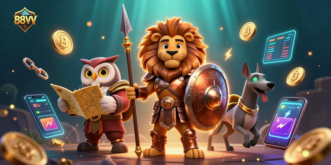 Experience the excitement of 88VV with vibrant 3D visuals combining blockchain elements and casino themes.