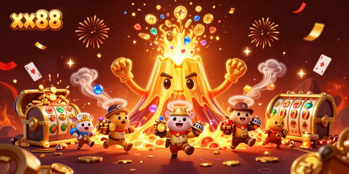 Engage with thrilling xx 88 casino adventure featuring a vibrant golden volcano and treasure-filled scene.