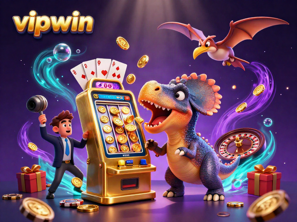 Watch vipwin's pachycephalosaurus activate the slot machine for jackpot coins amidst a vibrant casino chaos.