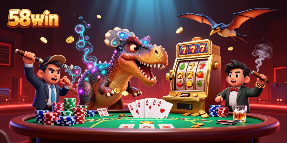 Engage in thrilling gameplay at 58win with animated dinosaurs and cascading jackpot coins.