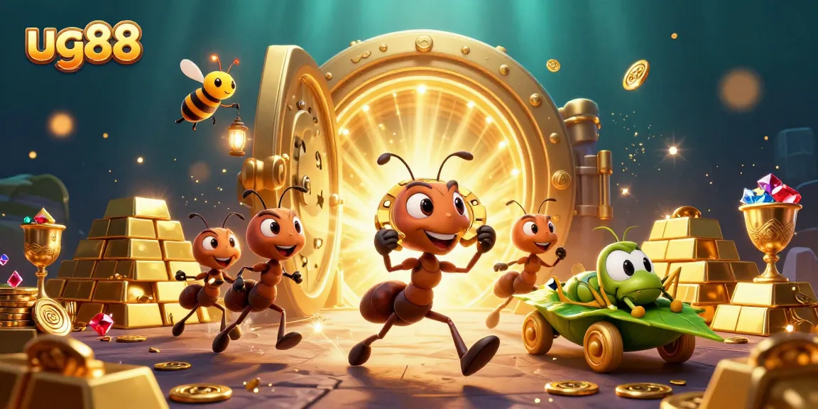 ug88 team of ants heist with golden poker chip amidst treasures in 3D casino illustration.
