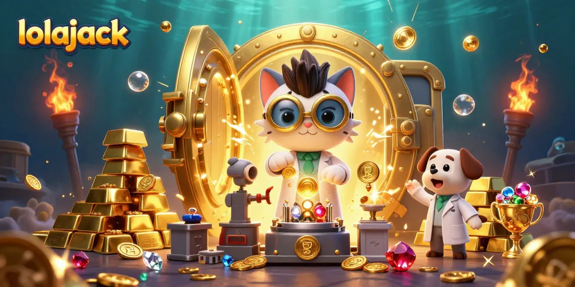 Experience the thrill of lolajack with a lively scene depicting a mad scientist cat and assistant amidst gold treasures.