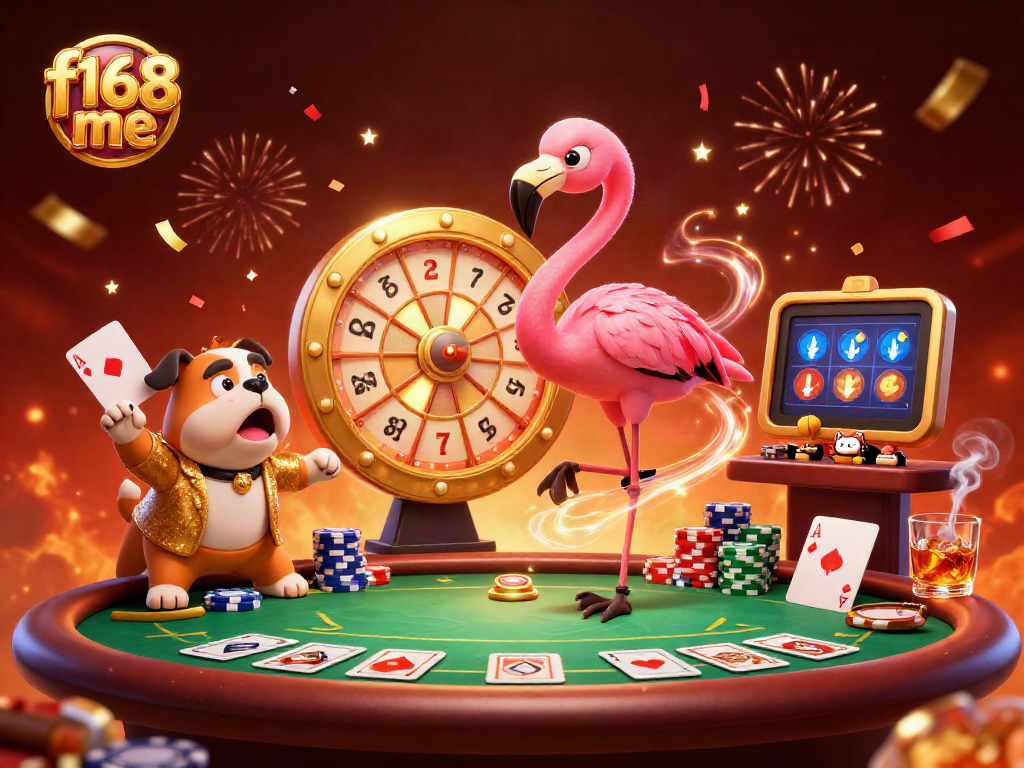 Spin to win with f168 me in an animated casino scene, showcasing lively characters and vibrant game elements.