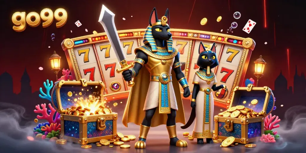 Experience the thrill of go99 with vibrant slots and ancient deities in a dynamic casino scene.