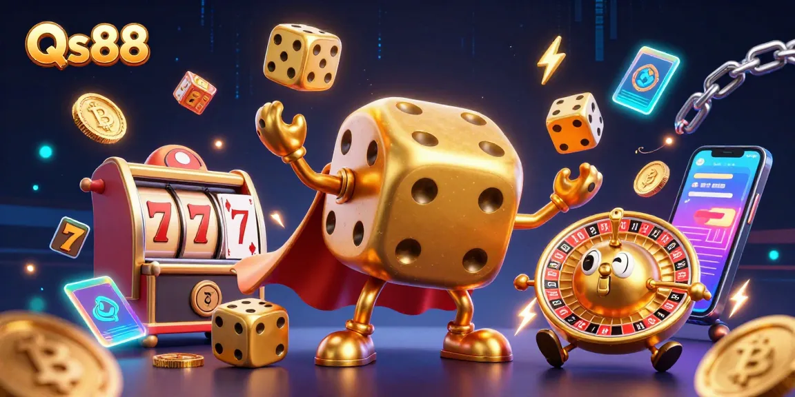 Spin the reels with Qs88's vibrant casino experience featuring lucky symbols and gold.