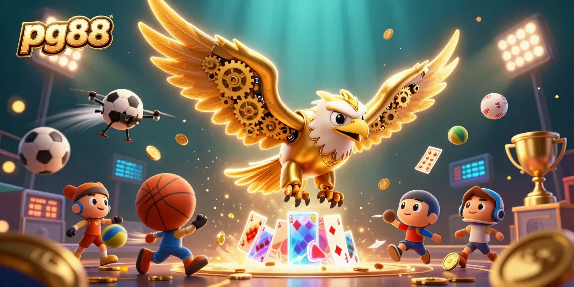 Experience the thrilling gameplay at pg88 with a dynamic golden eagle diving through holographic cards.