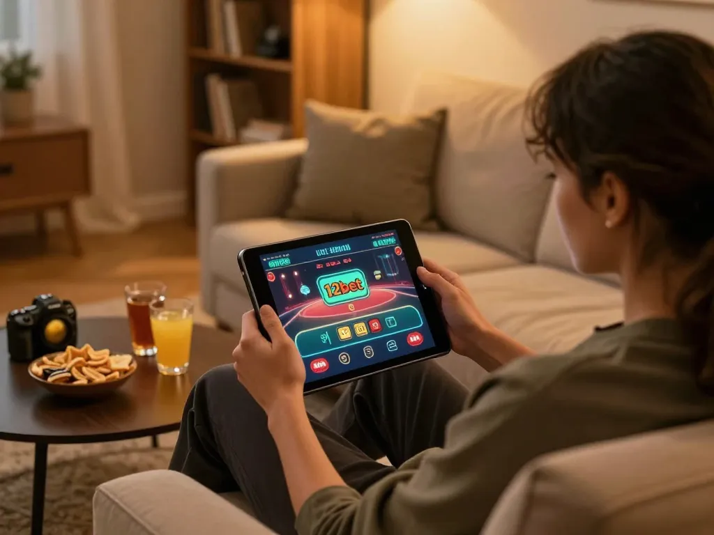 Người chơi tận hưởng ứng dụng 12bet trên máy tính bảng trong một không gian ấm cúng tại nhà trong lúc chơi game trực tuyến.