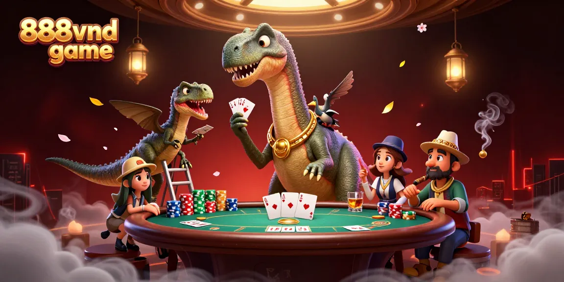 Experience the 888vnd game with a vibrant 3D illustration featuring a playful dinosaur and engaging poker scenes.