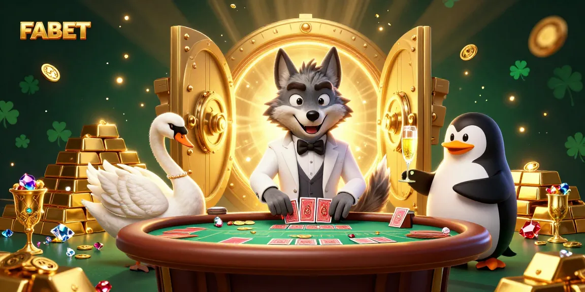 Experience the excitement at FABET with a lively 3D casino scene featuring a debonair wolf and friends.