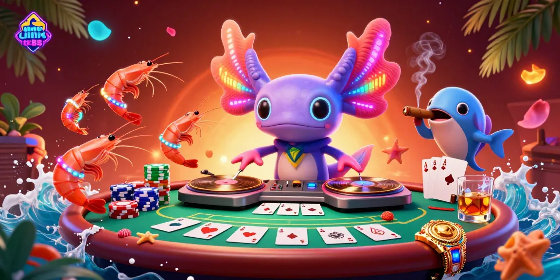 Engage with link tx88 through a vibrant 3D casino scene featuring an axolotl DJ, poker elements, and lively sea creatures.