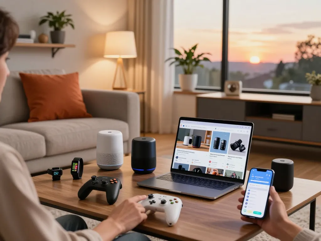 Showcase of trending tech gadgets including Bluetooth devices in a cozy living room setting.