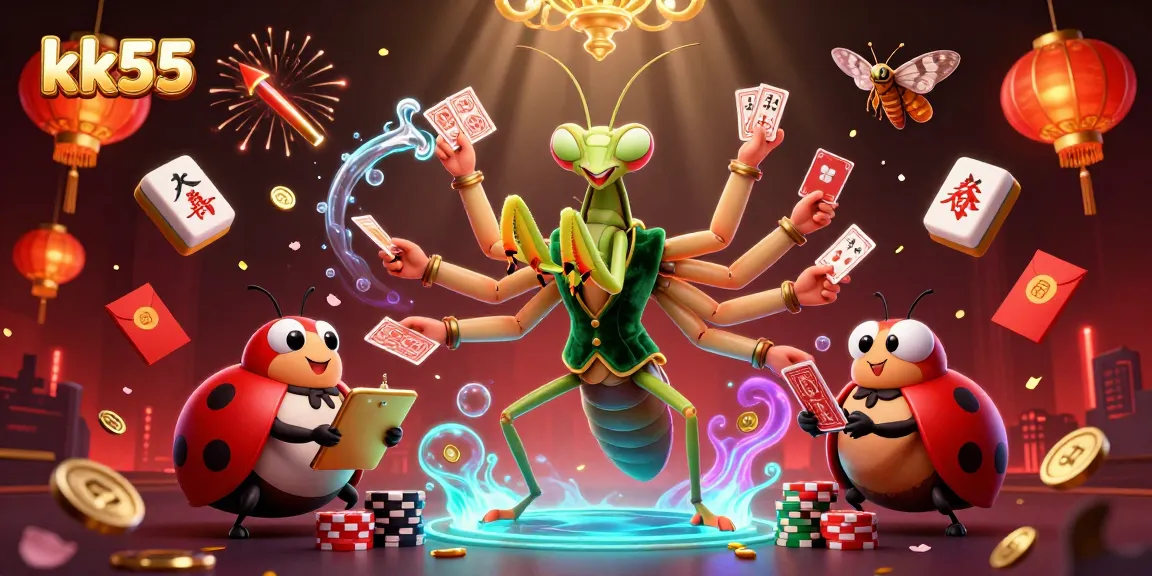 Engage in thrilling gaming action with kk55 as a giant mantis card sharp deals at a vibrant casino scene.