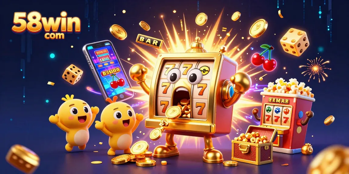Win big at 58win com with a vibrant display of animated slot machines and exciting game elements.