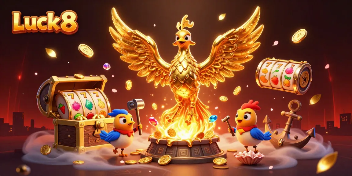 Experience the thrill of Luck 8 with a dynamic illustration of a golden phoenix and rich casino elements.
