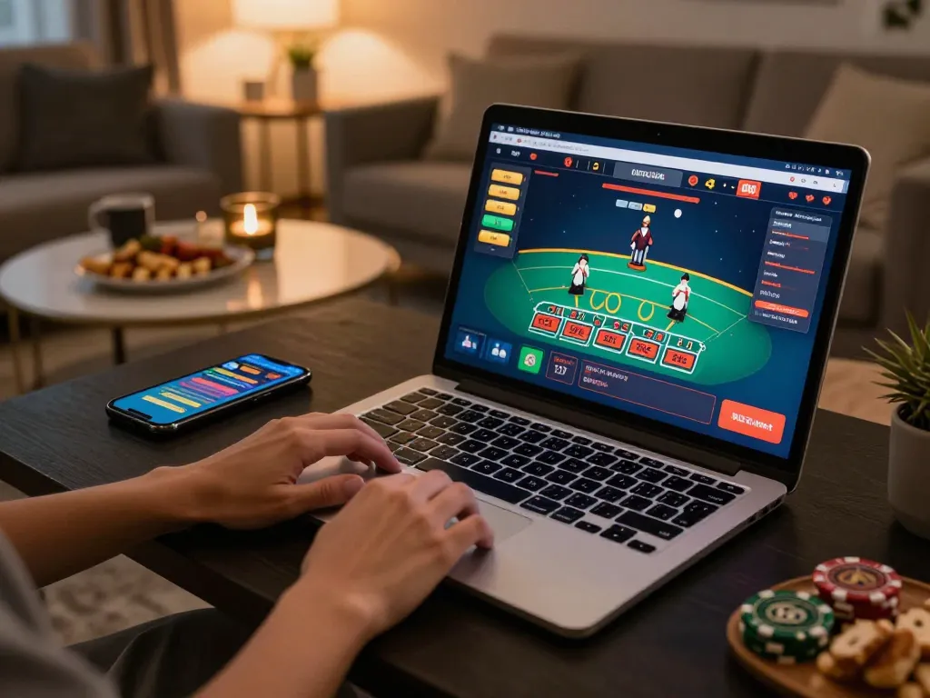Engaged user playing vua99 online casino blackjack on a cozy gaming setup.