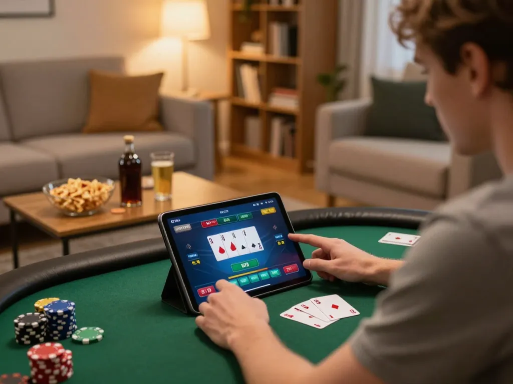 Player engaging with iwinclub poker game on tablet in cozy living room with snacks nearby