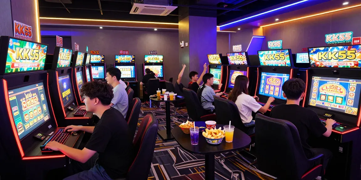 KK55 gaming lounge filled with excitement, friends celebrating wins and enjoying vibrant slots.