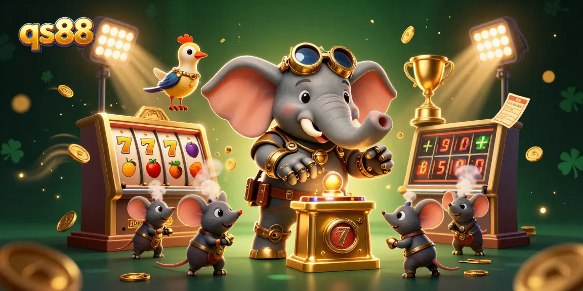 Engage with qs88's vibrant slot gaming scene featuring a 3D steampunk elephant operating a golden machine surrounded by exciting elements.