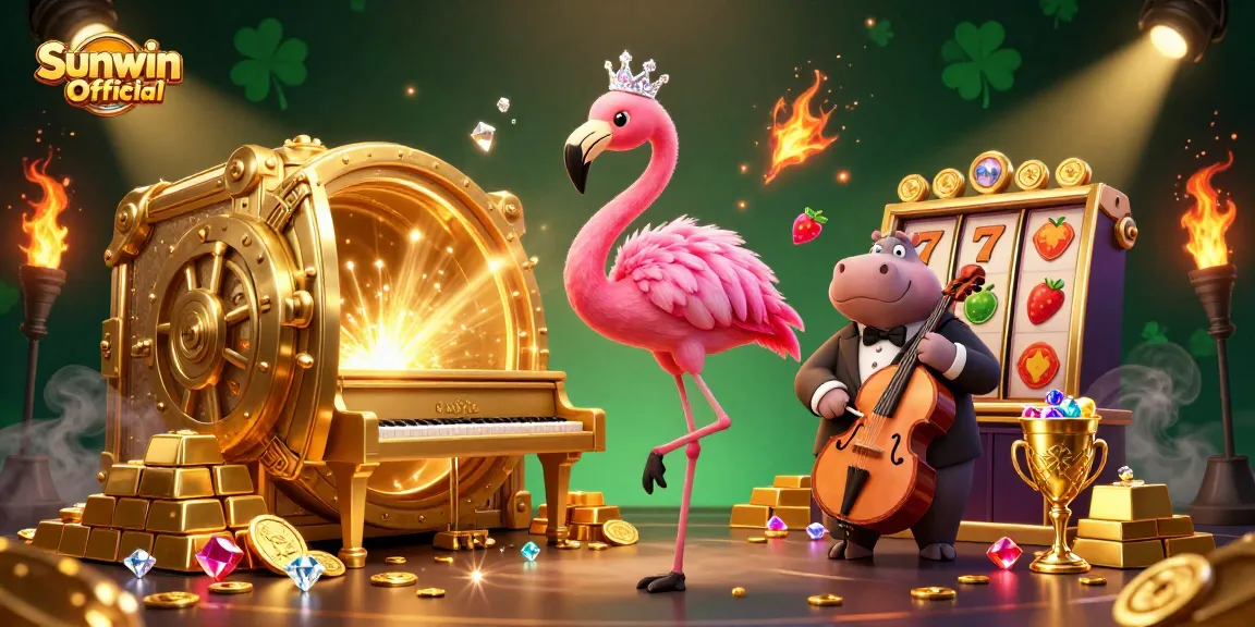Join the fun at Sunwin Official with a vibrant 3D illustration of casino elements and lively characters.