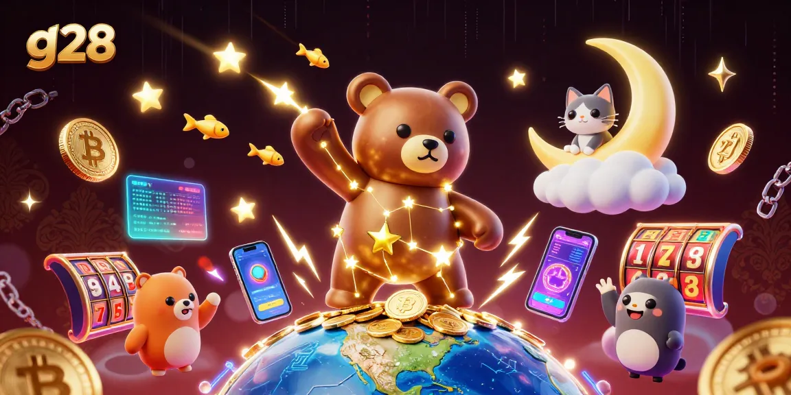 Engage with g28 casino gaming as the constellation bear collects coins among vibrant crypto elements.