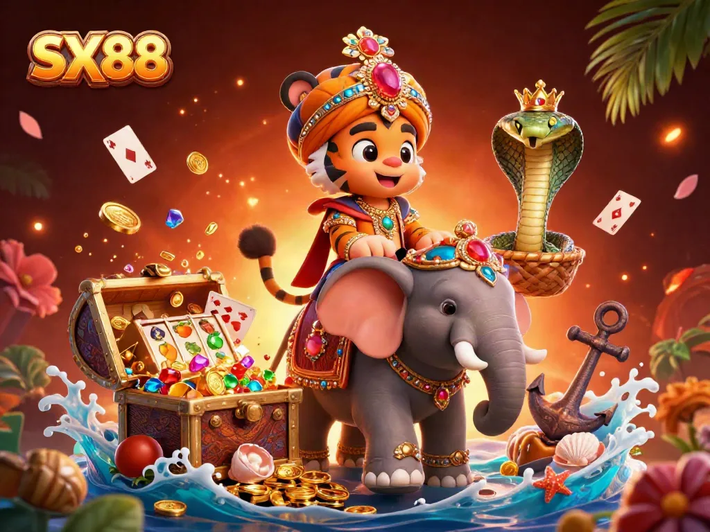 SX88 showcases thrilling slots action with vibrant cartoon characters in a rich casino atmosphere.