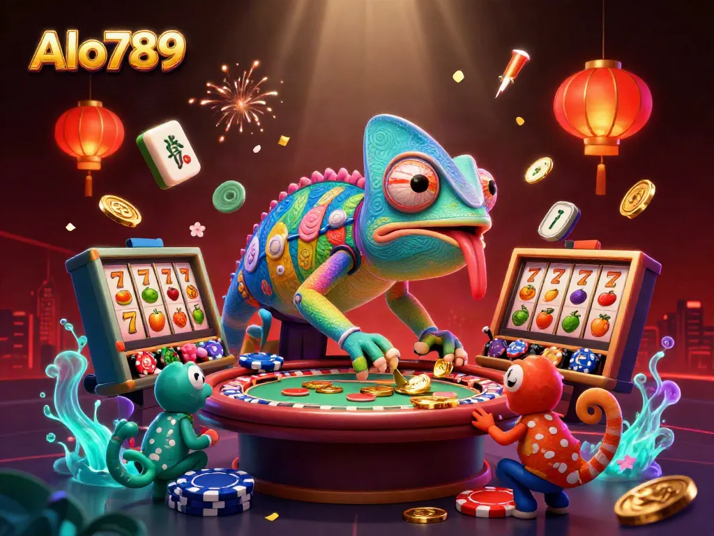 Alo789 casino owner chameleon captures golden coins amid vibrant gambling elements.