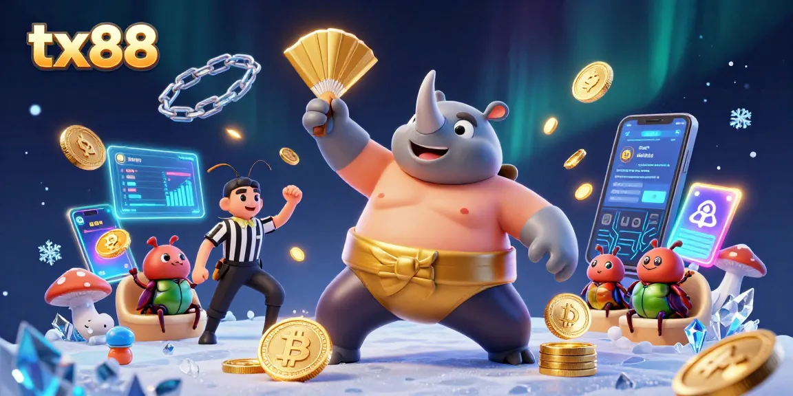 Engage with tx88's thrilling casino experience featuring a beetle champion amidst flying coins and crypto elements.