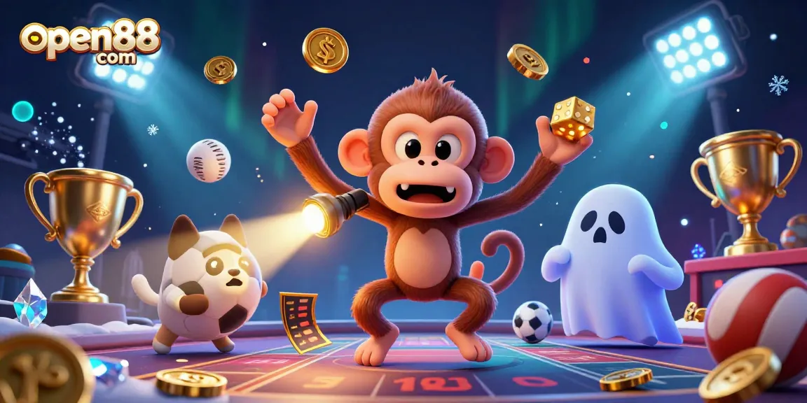Engage with open88 com while a mischievous poltergeist monkey juggles treasures in a haunted casino scene.
