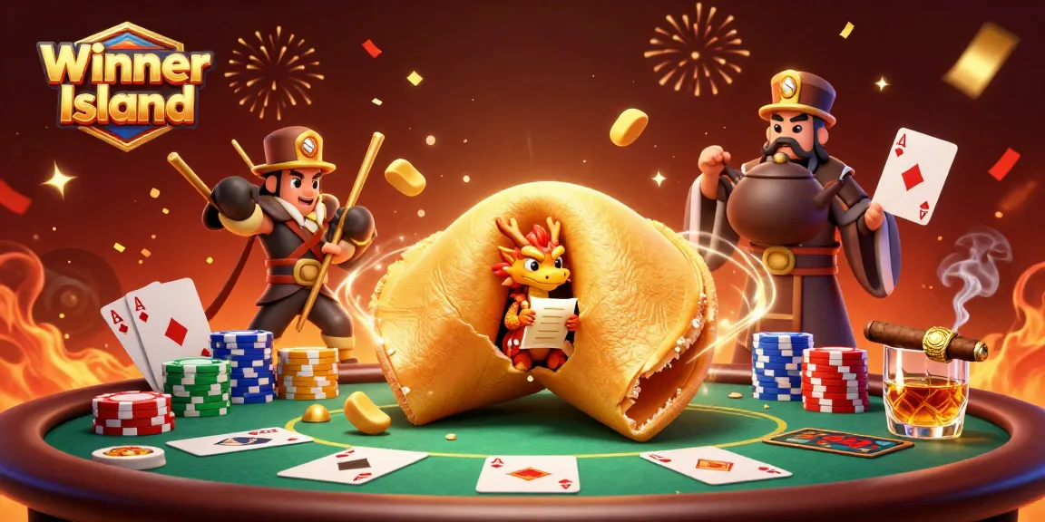 Winner Island casino scene featuring a giant fortune cookie, poker elements, and vibrant effects